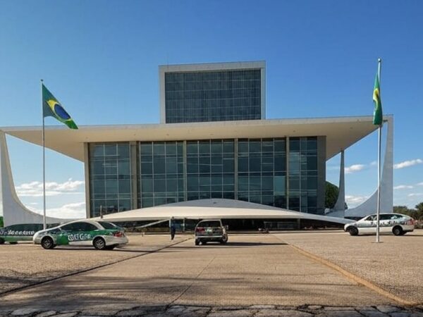 Edifício do STF em Brasília com viaturas da PM, representando julgamento de embargos de PMs condenados por atos de 8 de janeiro.