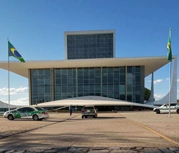 Edifício do STF em Brasília com viaturas da PM, representando julgamento de embargos de PMs condenados por atos de 8 de janeiro.