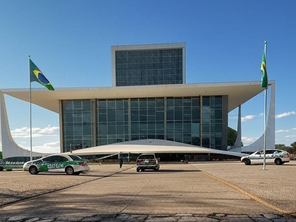 Edifício do STF em Brasília com viaturas da PM, representando julgamento de embargos de PMs condenados por atos de 8 de janeiro.