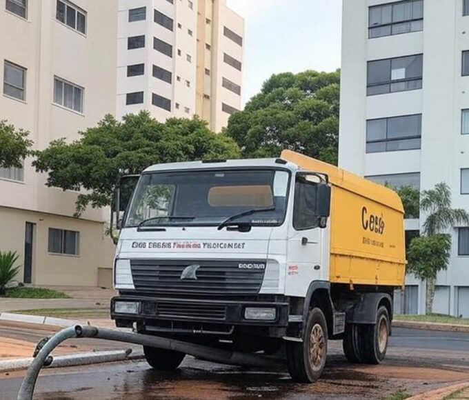 Rua na Asa Norte com obras de manutenção em canos de água, representando interrupção no abastecimento pela Caesb.