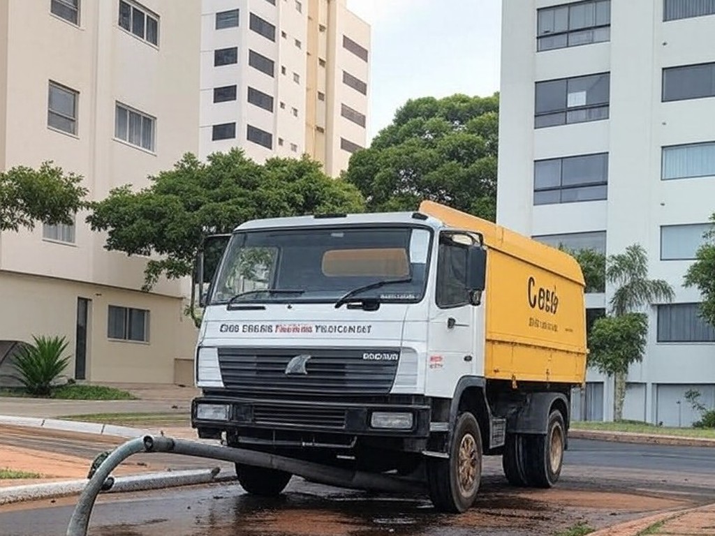Rua na Asa Norte com obras de manutenção em canos de água, representando interrupção no abastecimento pela Caesb.