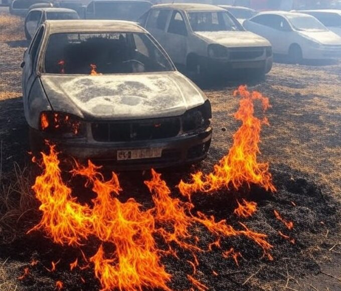 Incêndio em vegetação seca danificando oito carros em rua de Vicente Pires, DF, com chamas e fumaça.