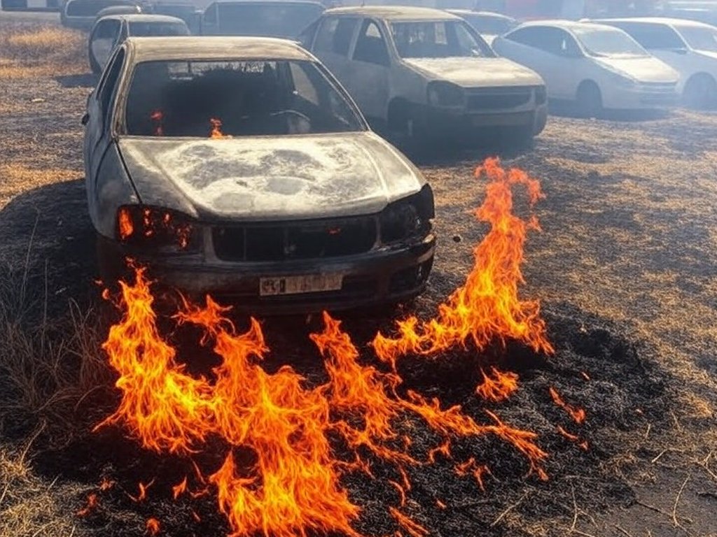 Incêndio em vegetação seca danificando oito carros em rua de Vicente Pires, DF, com chamas e fumaça.