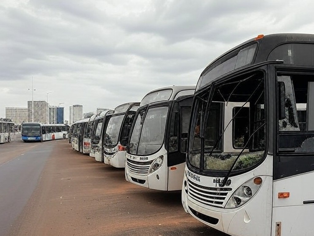 Ônibus públicos vandalizados em rua de Brasília, com danos como vidros quebrados e pichações, em ataque no Distrito Federal.