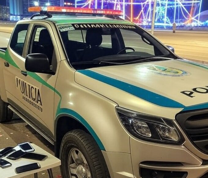 Viatura da Polícia Militar do DF em rua de Brasília com celulares furtados na saída do Carnaval.