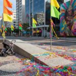 Rua no Rio de Janeiro preparada para blocos de Carnaval inclusivos com decorações coloridas e elementos acessíveis.