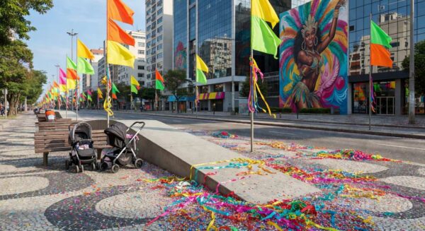 Rua no Rio de Janeiro preparada para blocos de Carnaval inclusivos com decorações coloridas e elementos acessíveis.