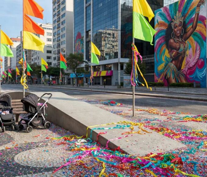 Rua no Rio de Janeiro preparada para blocos de Carnaval inclusivos com decorações coloridas e elementos acessíveis.