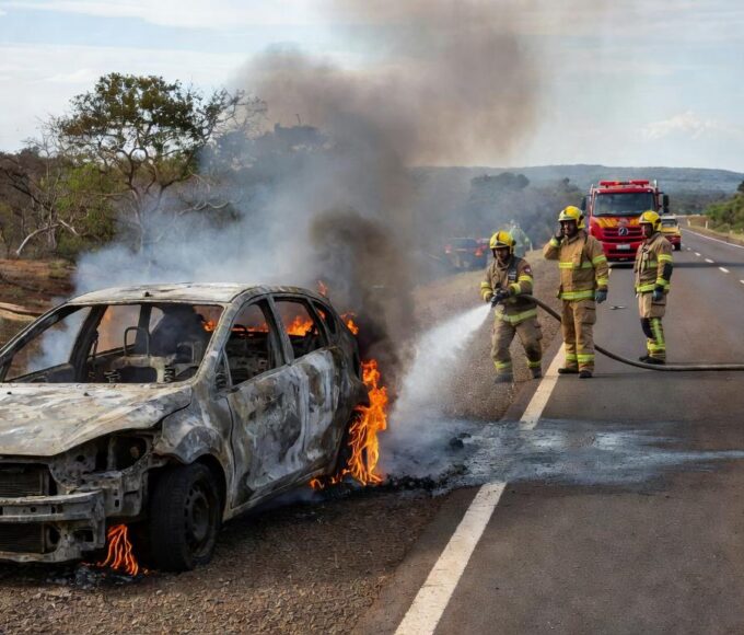 Carro Ford Fiesta pegando fogo na DF-001 perto do Jardim Botânico, com bombeiros controlando as chamas em Brasília.