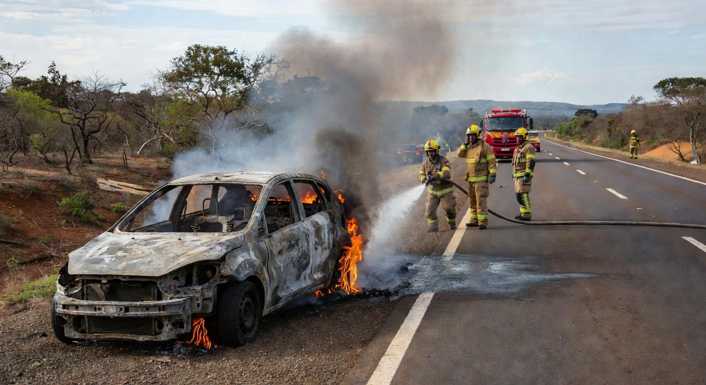 Carro Ford Fiesta pegando fogo na DF-001 perto do Jardim Botânico, com bombeiros controlando as chamas em Brasília.