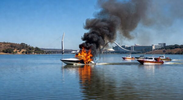 Lancha pegando fogo no Lago Paranoá, em Brasília, com chamas e fumaça, em estilo fotojornalístico.