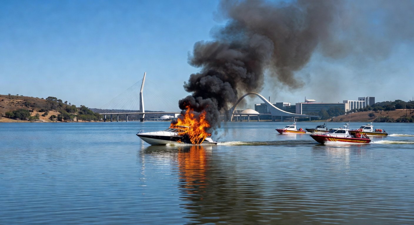Lancha pegando fogo no Lago Paranoá, em Brasília, com chamas e fumaça, em estilo fotojornalístico.