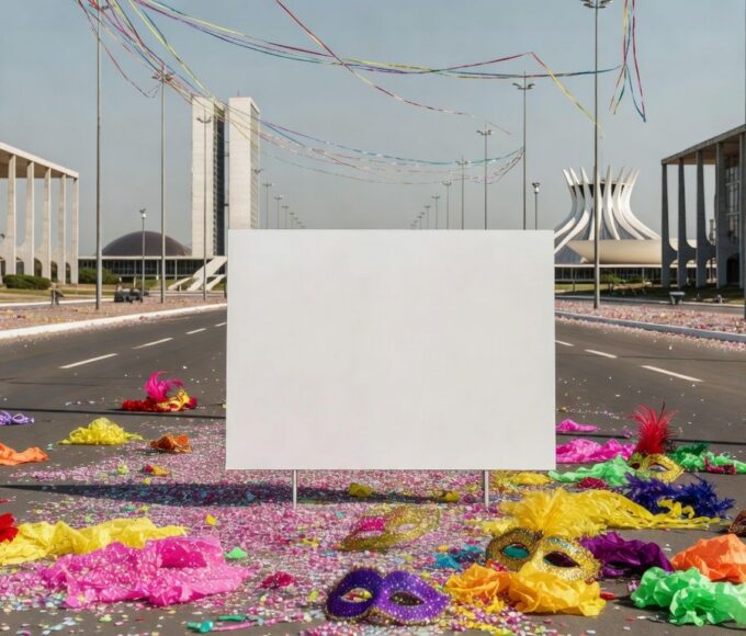 Rua em Brasília no Carnaval com confetes e símbolos contra assédio, em estilo fotojornalístico.