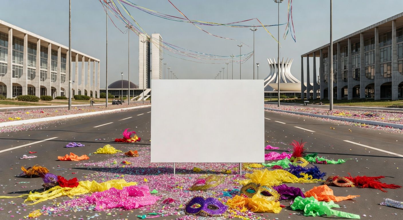 Rua em Brasília no Carnaval com confetes e símbolos contra assédio, em estilo fotojornalístico.