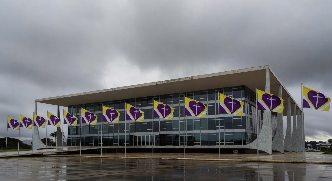 Fachada da CLDF em Brasília com símbolos da Campanha da Fraternidade 2026, em tom questionável.
