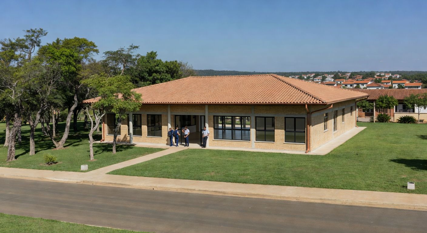 Fachada de escola pública moderna inaugurada pelo GDF no Jardins Mangueiral, Brasília, para 1,2 mil alunos.