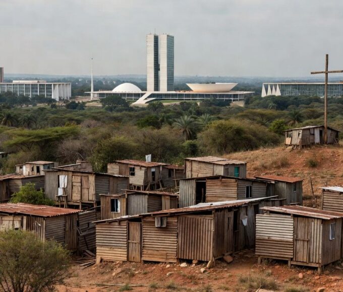 Bairro com casas precárias em Recanto das Emas, expondo déficit habitacional no DF, em contraste com skyline de Brasília.