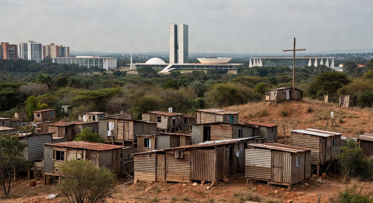 Bairro com casas precárias em Recanto das Emas, expondo déficit habitacional no DF, em contraste com skyline de Brasília.