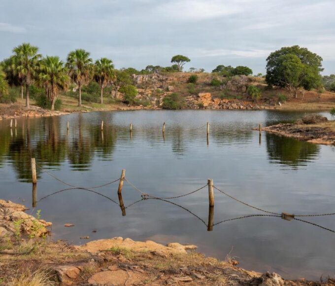 Piscinas naturais da Água Mineral fechadas no Parque Nacional de Brasília por risco de ruptura, com vegetação do cerrado e barreiras de isolamento.