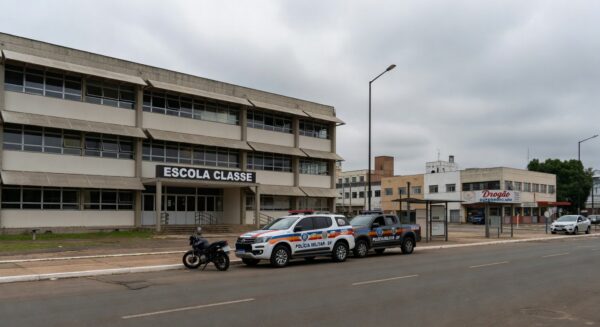 Viaturas da Polícia Militar do DF em frente a escola em Brasília, representando caso de afastamento de policiais.