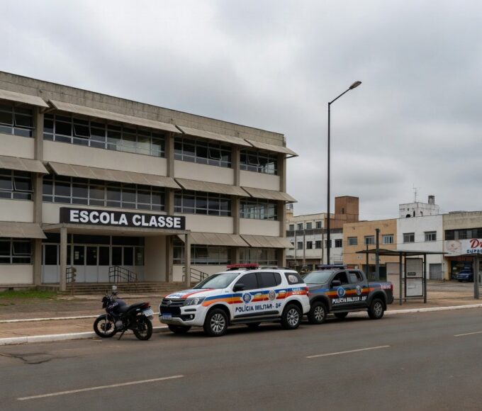 Viaturas da Polícia Militar do DF em frente a escola em Brasília, representando caso de afastamento de policiais.