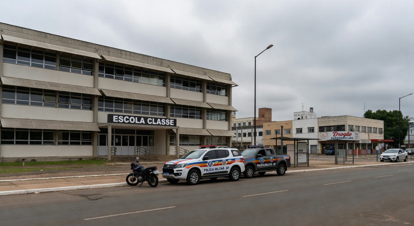 Viaturas da Polícia Militar do DF em frente a escola em Brasília, representando caso de afastamento de policiais.
