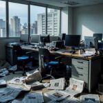 Mesa de redação com jornais amassados em jornal brasileiro, representando ausência de fatos e perda de credibilidade no jornalismo em 2026.