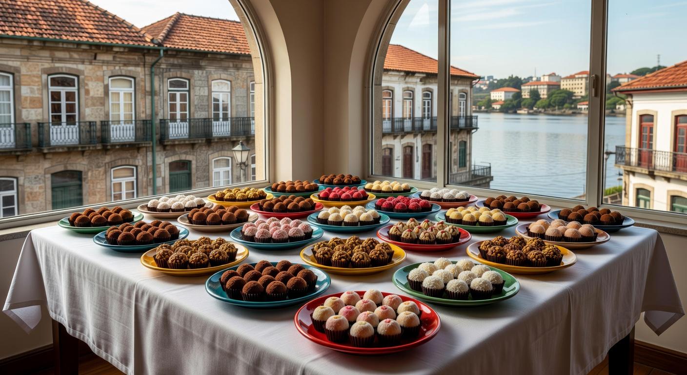 Mesa com rodízio de brigadeiros variados em confeitaria de Porto Alegre, representando sucesso empreendedor local.