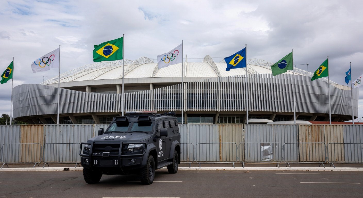 Viatura da polícia legislativa da CLDF em frente à Câmara Legislativa em Brasília, com banners olímpicos, ignorando crise de segurança.
