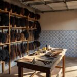 Garagem transformada em negócio de próteses capilares para cabelos afros em bairro brasileiro, com prateleiras de perucas e ferramentas.