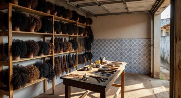 Garagem transformada em negócio de próteses capilares para cabelos afros em bairro brasileiro, com prateleiras de perucas e ferramentas.