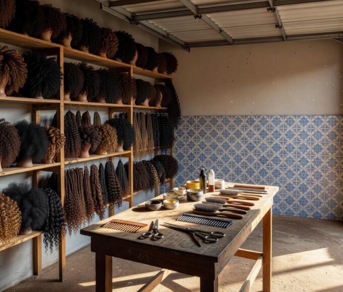 Garagem transformada em negócio de próteses capilares para cabelos afros em bairro brasileiro, com prateleiras de perucas e ferramentas.