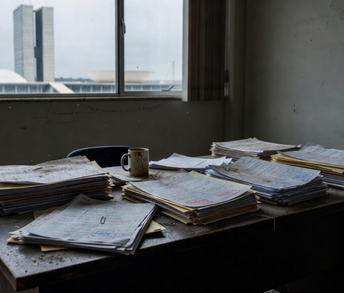 Edifício da CLDF em Brasília com documentos espalhados, representando atrasos em lei contra supremacismo no DF.
