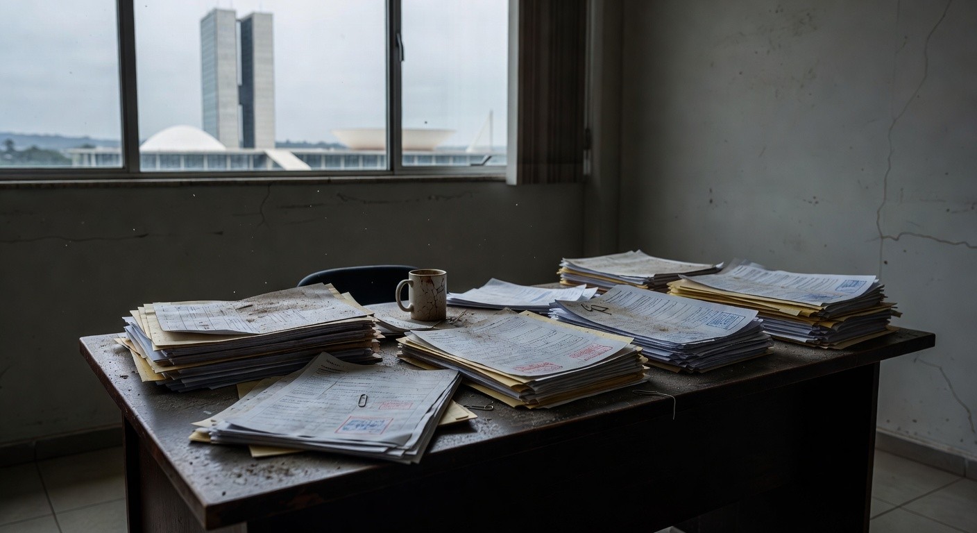 Edifício da CLDF em Brasília com documentos espalhados, representando atrasos em lei contra supremacismo no DF.