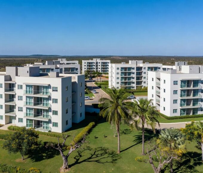 Complexo de apartamentos no Itapoã Parque, Brasília, com prédios modernos e áreas verdes, representando entrega de moradias pelo governo.