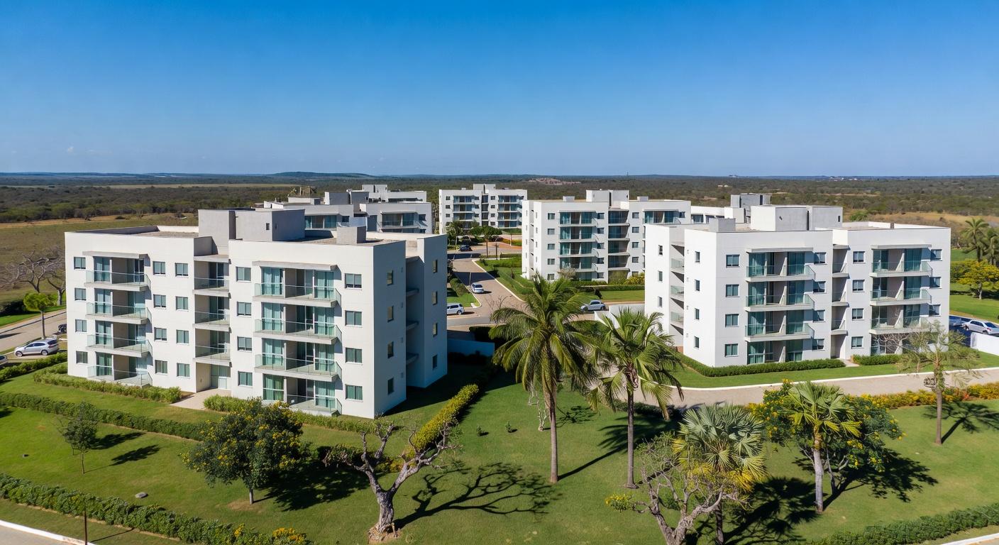 Complexo de apartamentos no Itapoã Parque, Brasília, com prédios modernos e áreas verdes, representando entrega de moradias pelo governo.