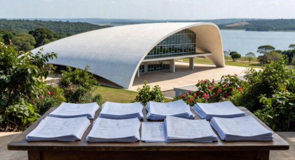 Prédio da Caesb em Brasília com pilhas de documentos representando burocracia em inscrições para conselho no DF.