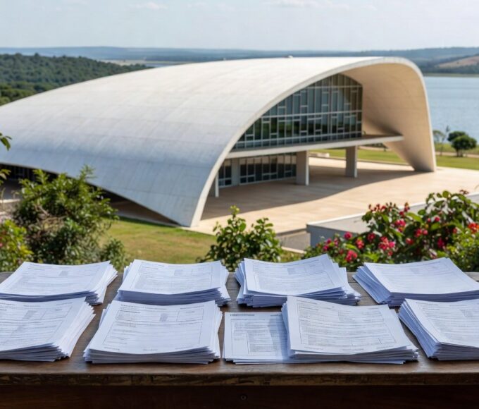 Prédio da Caesb em Brasília com pilhas de documentos representando burocracia em inscrições para conselho no DF.