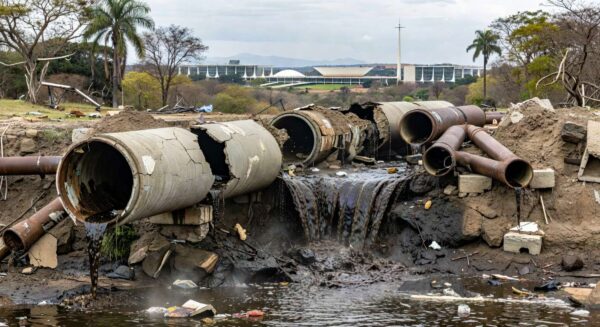 Poço artesiano danificado na região leste do DF, com falhas em saneamento e tubulações enferrujadas.