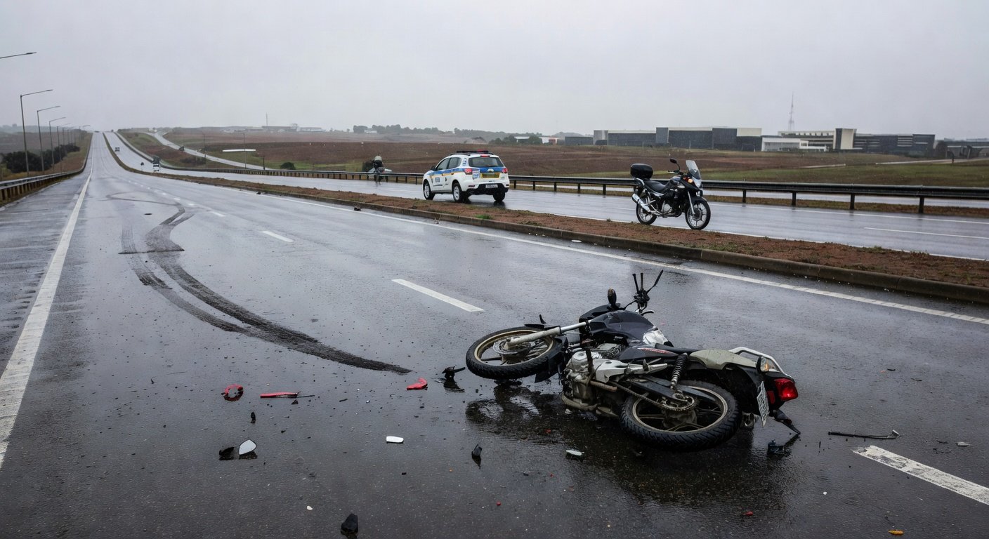 Cena de acidente de moto na estrada Epia em Brasília, com veículo danificado e viaturas policiais, representando tragédia local.
