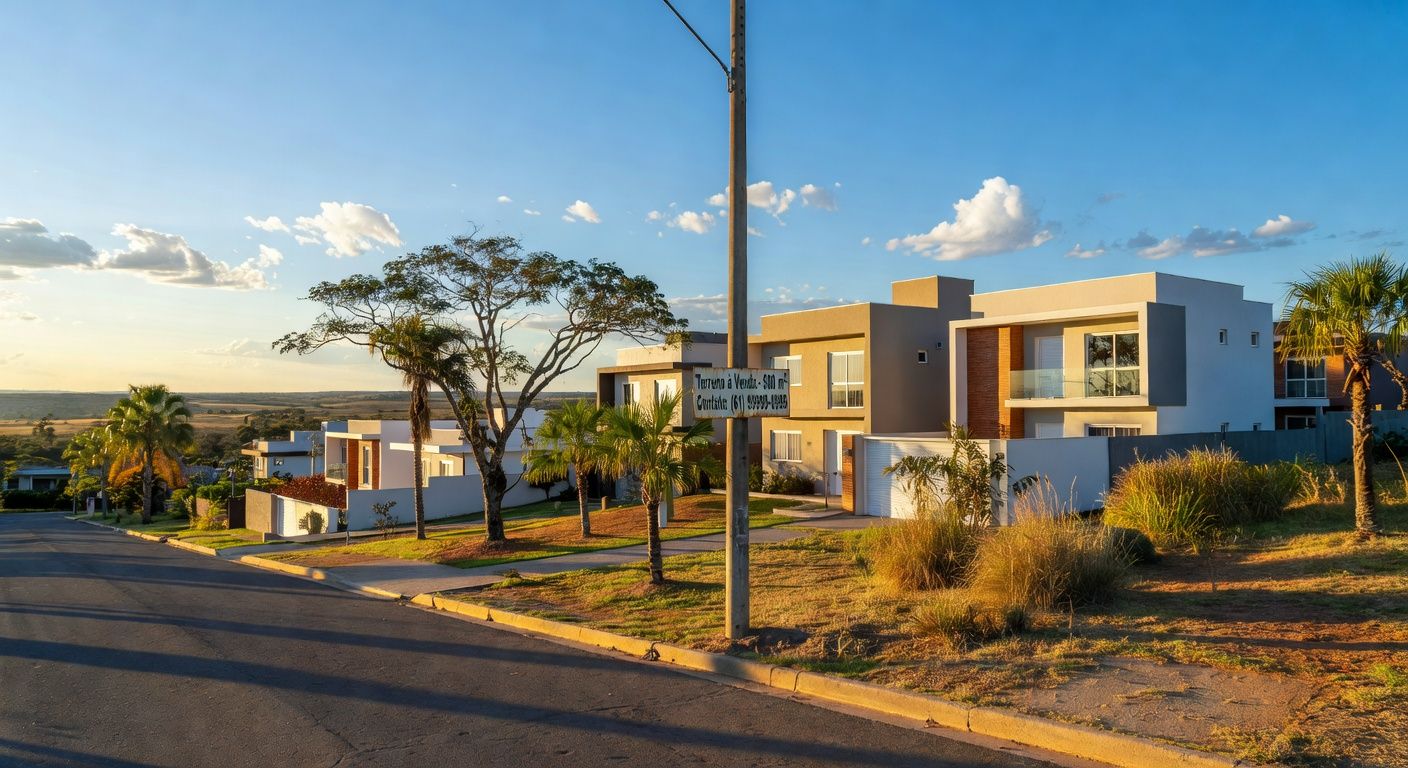 Área residencial no Jardim Botânico de Brasília, com casas modernas e vegetação, destacando valorização imobiliária no DF.