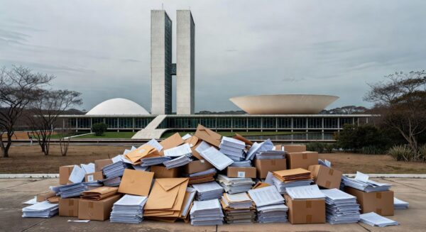 Mercado Ceasa em Brasília com sombras sobre documentos fiscais, simbolizando desconfiança na aprovação de crédito de R$ 15 milhões pela CLDF sem transparência.