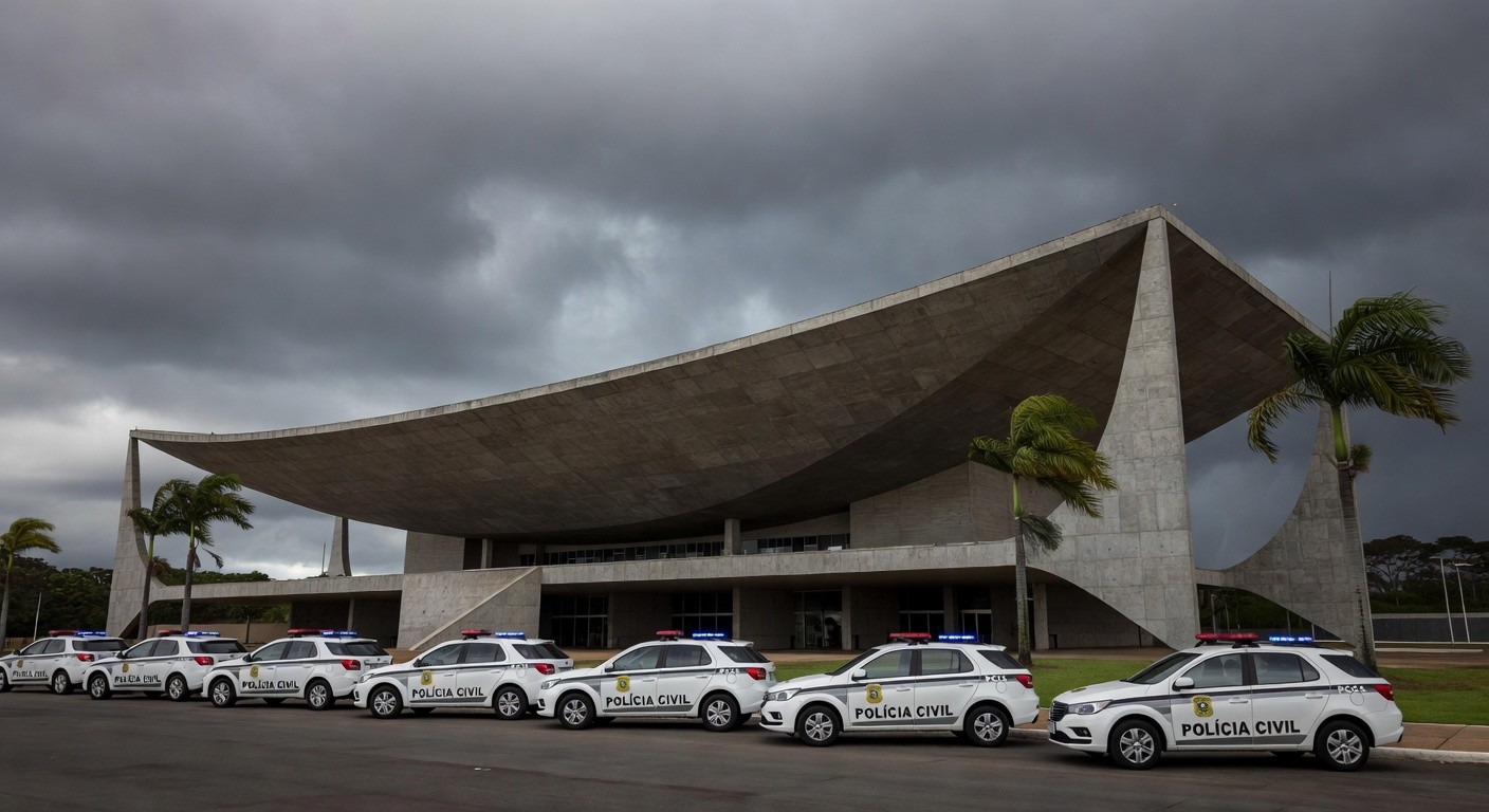 Viaturas da Polícia Civil em frente à CLDF em Brasília, representando apoio a projeto de correção na Previdência.