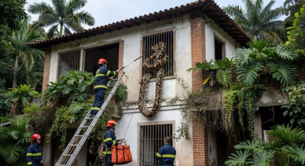 Jibóia enrolada em janela de loja no Jardim Botânico, com bombeiros realizando resgate no Rio de Janeiro.