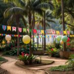 Bandeirinhas e balões de festa junina no Jardim Botânico do Rio de Janeiro, preparativos para 2026.