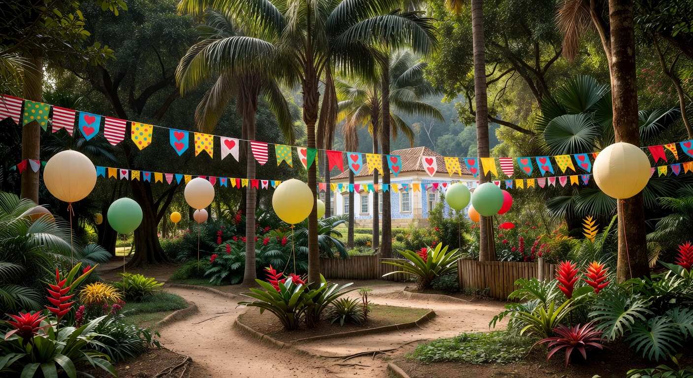 Bandeirinhas e balões de festa junina no Jardim Botânico do Rio de Janeiro, preparativos para 2026.