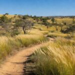 Trilha ecológica gratuita no Cerrado do Distrito Federal, com vegetação nativa e paisagem típica da savana brasileira.