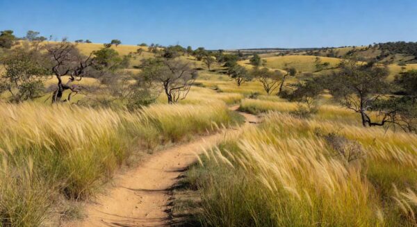Trilha ecológica gratuita no Cerrado do Distrito Federal, com vegetação nativa e paisagem típica da savana brasileira.