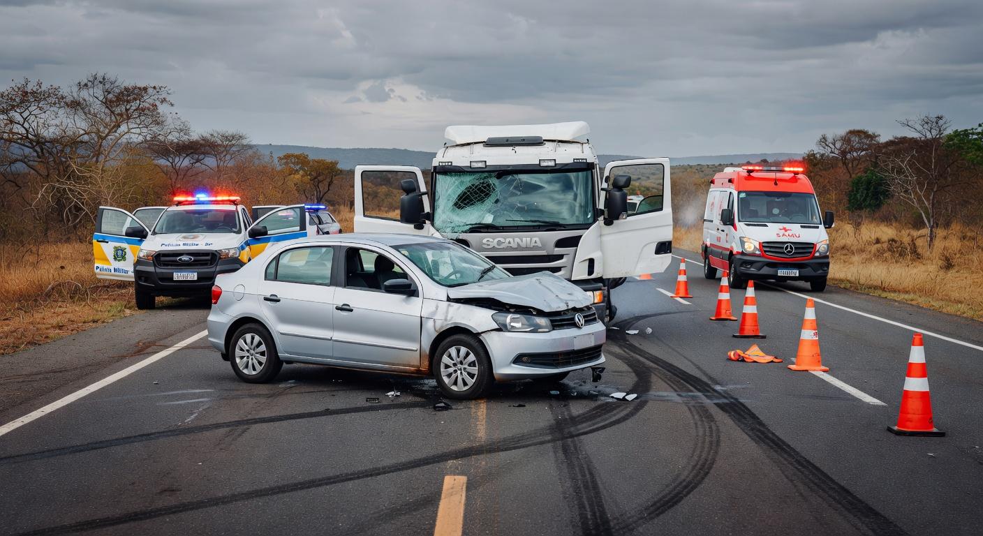 Acidente com quatro veículos na DF-150 em Sobradinho, deixando três feridos, com carros danificados na rodovia.