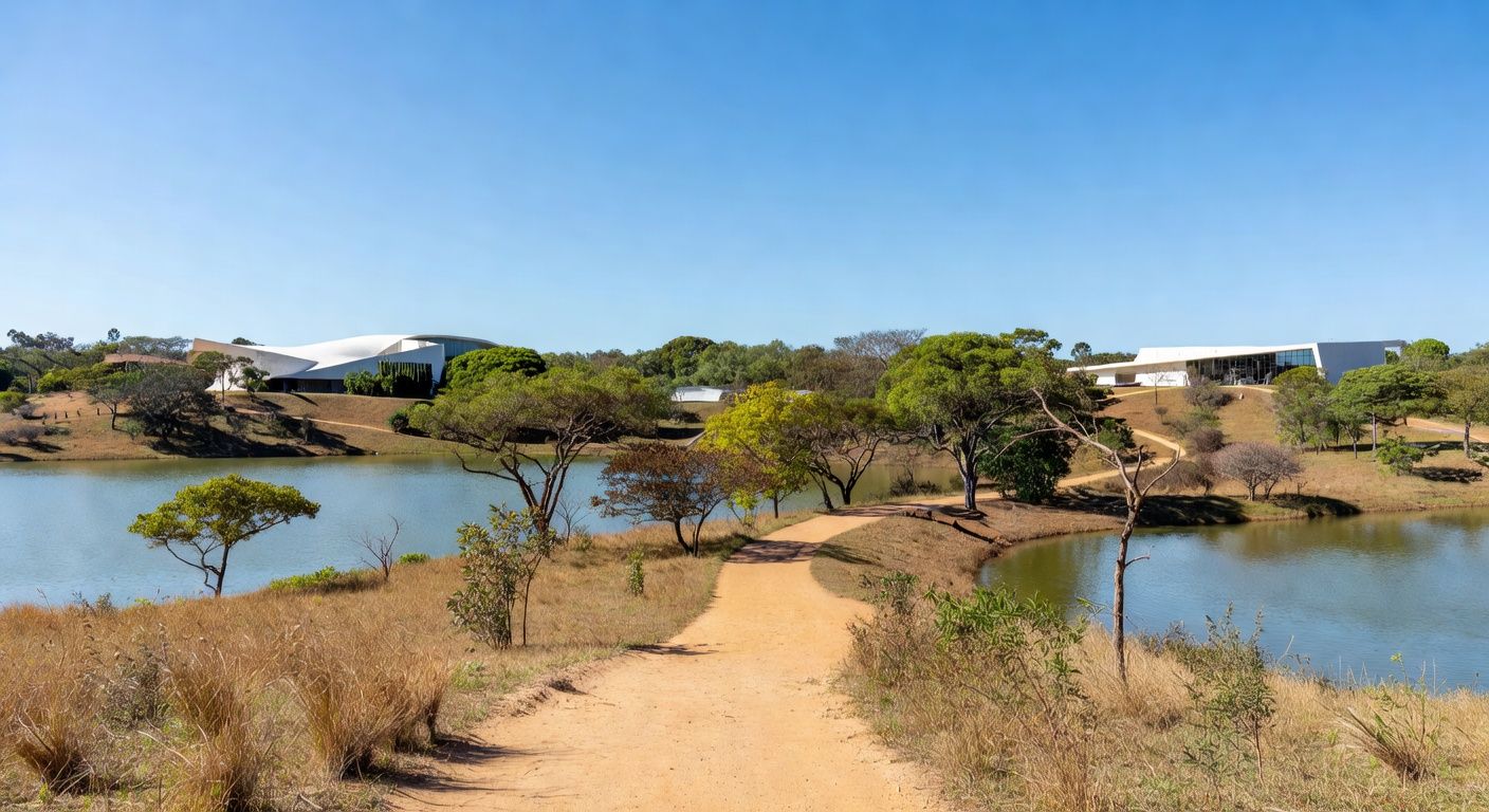 Vista do Jardim Botânico de Brasília, com vegetação do Cerrado e estruturas integradas à natureza, representando nova administração pelo GDF.